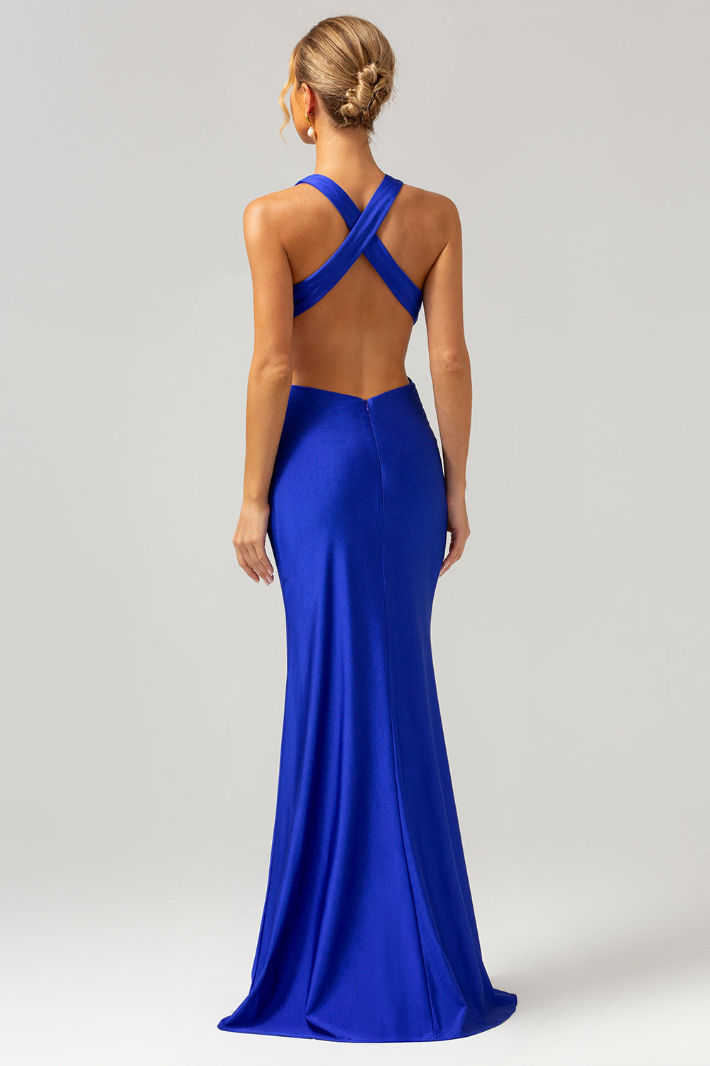 Zapaka Women Royal Blue Long Bridesmaid Dress Mermaid V Neck Cut Out