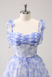Blue Corset A Line Short Floral Homecoming Dress