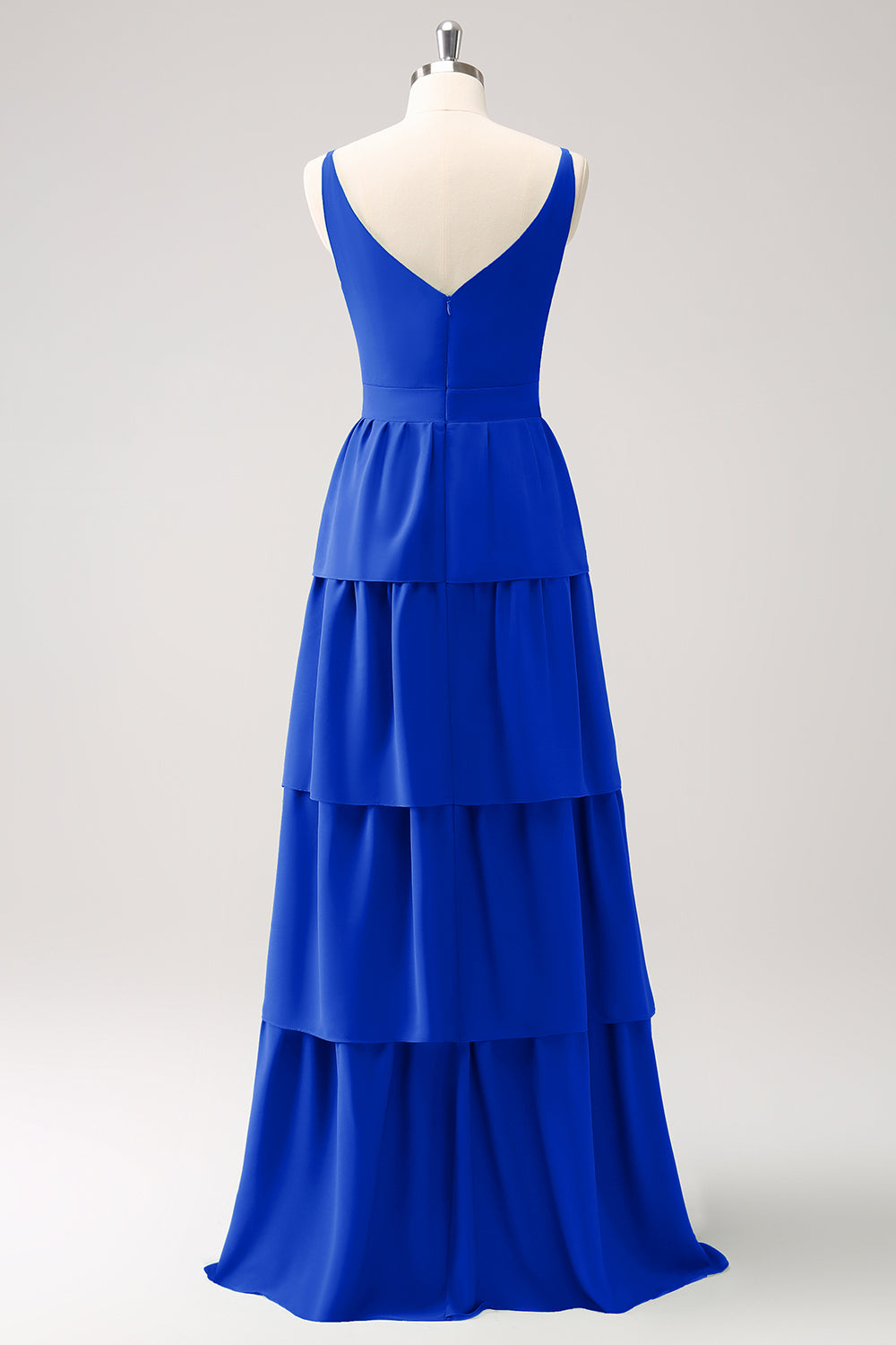 Zapaka Women Royal Blue Bridesmaid Dress V-Neck Tiered A-Line Chiffon Wedding Guest Dress