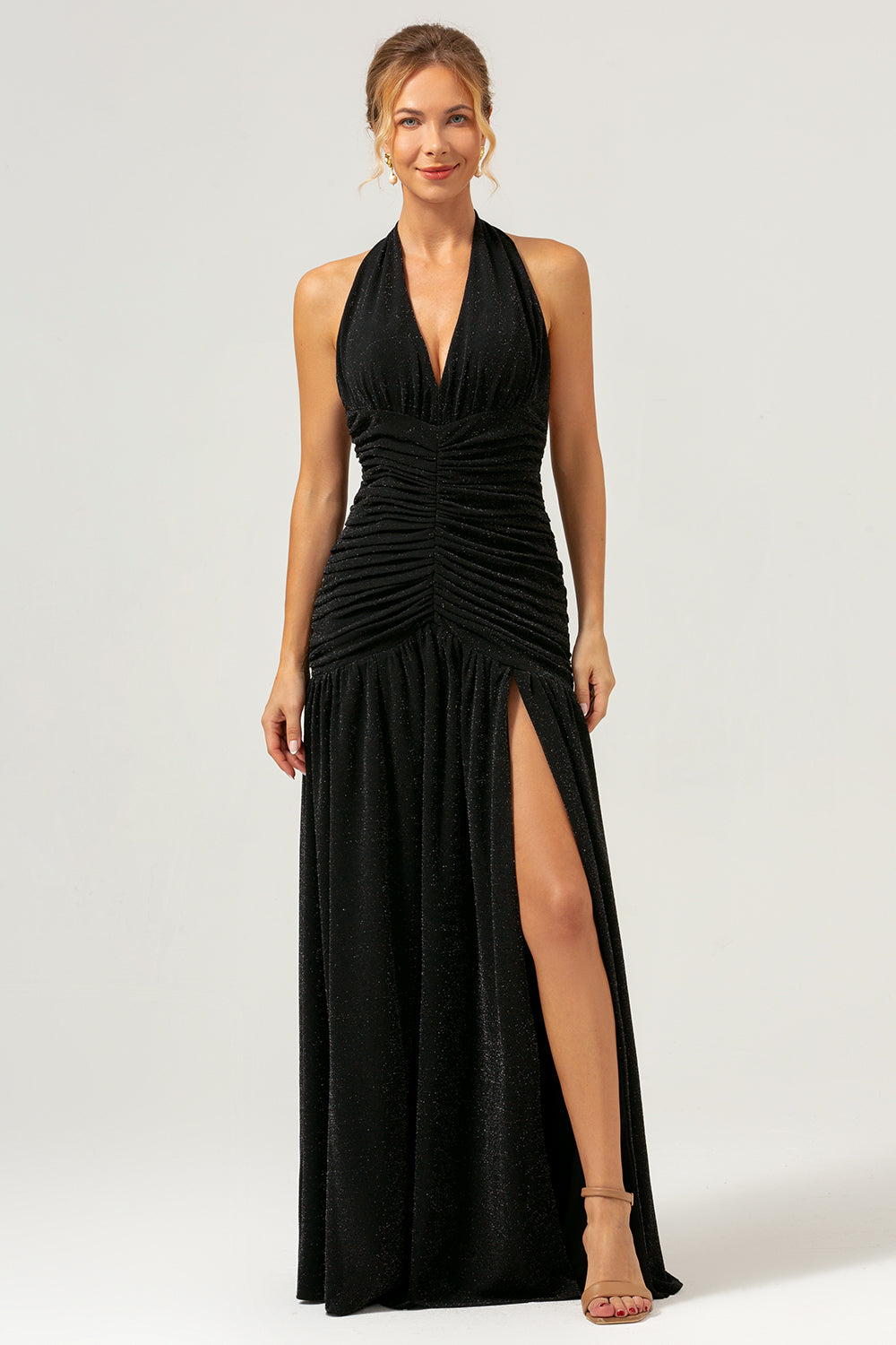 Zapaka Women Black Long Bridesmaid Dress Mermaid Halter Pleated