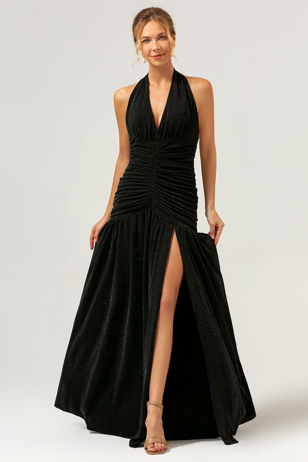 Zapaka Women Black Long Bridesmaid Dress Mermaid Halter Pleated