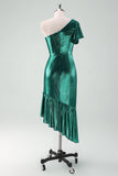 Dark Green Mermaid Metallic One Shoulder Cocktail Dress with Ruffles