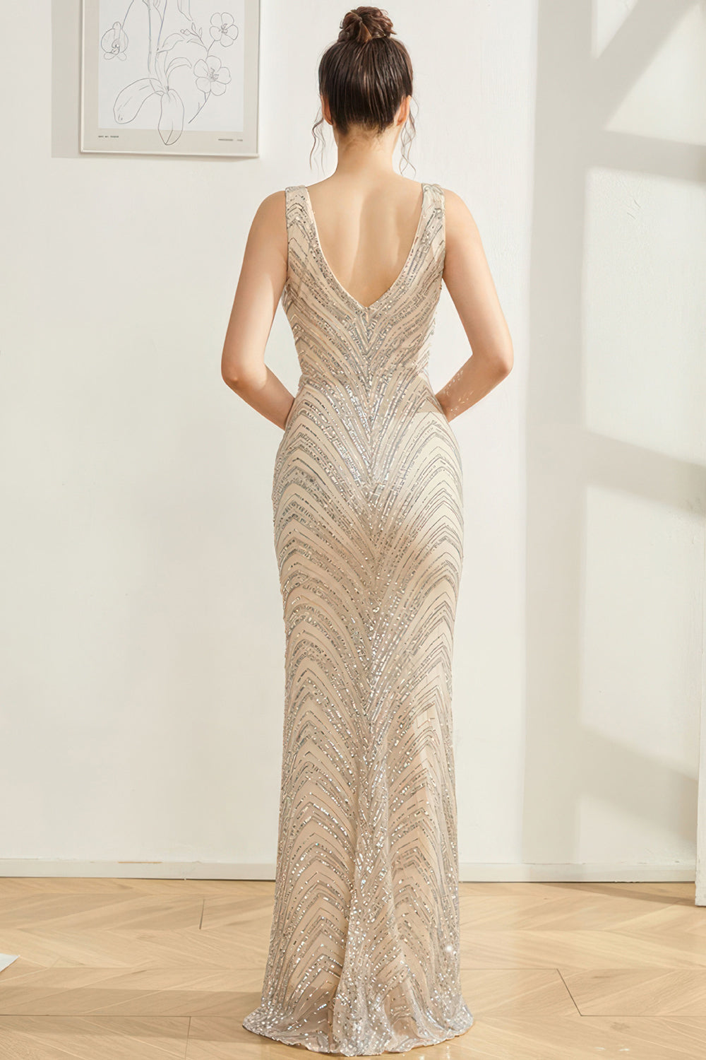 Sparkly Silver Mermaid V Neck Long Prom Dress