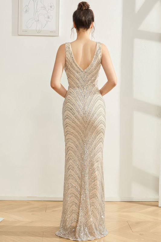 Sparkly Silver Mermaid V Neck Long Prom Dress
