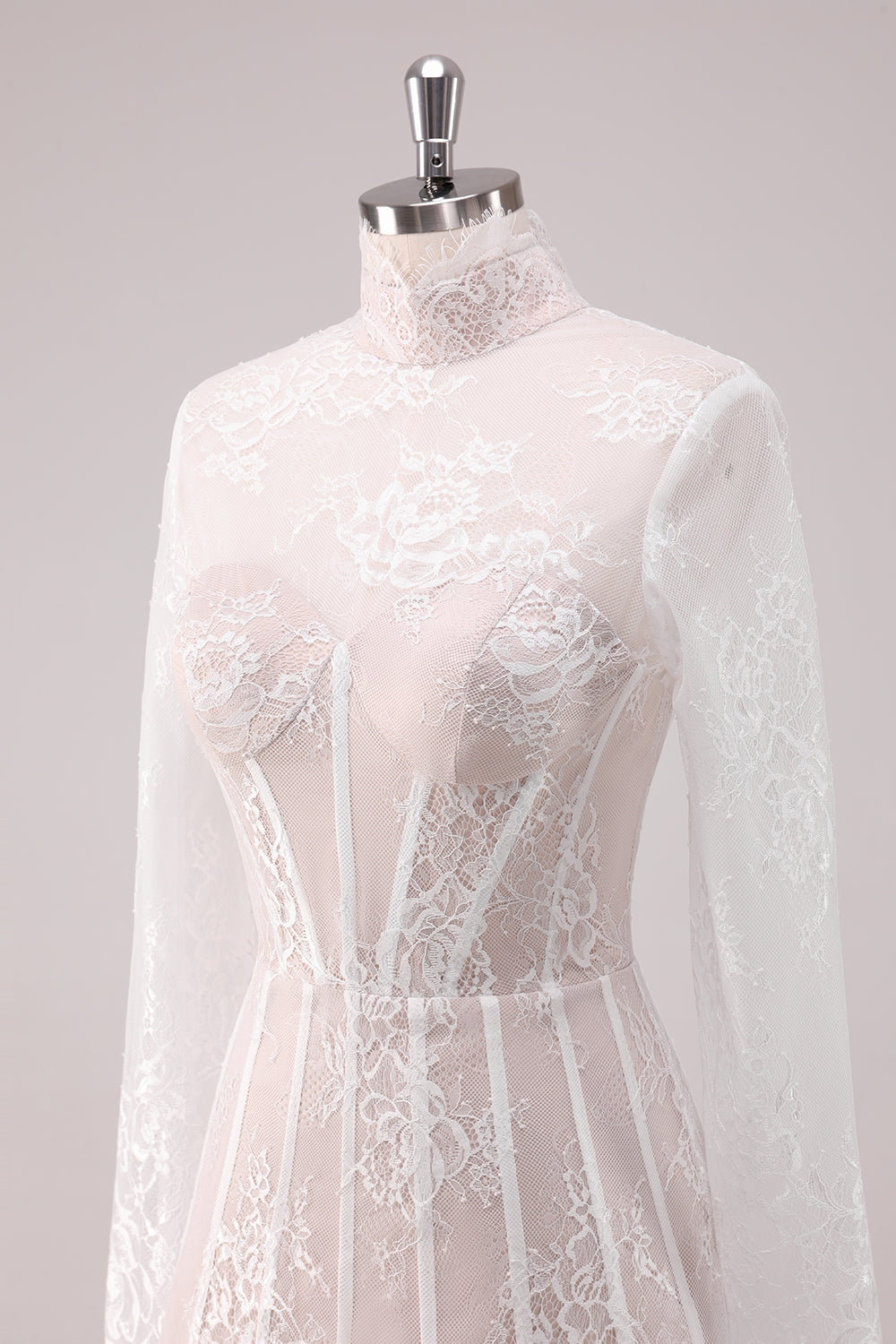 white lace long sleeve homecoming dress White Lace Long Sleeve Prom Dresses, A-Line Formal Evening Gown fg4281