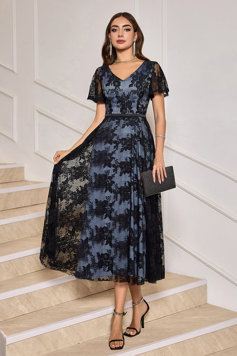 Zapakasa Women Black Cocktail Dress V-Neck Lace Short Sleeves A-Line