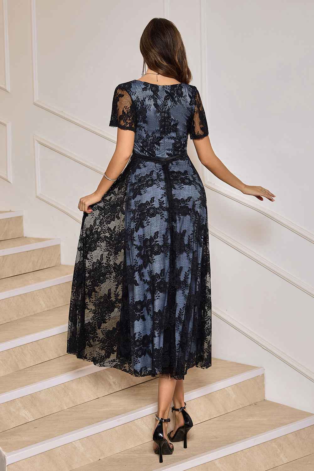 Zapakasa Women Black Cocktail Dress V-Neck Lace Short Sleeves A-Line