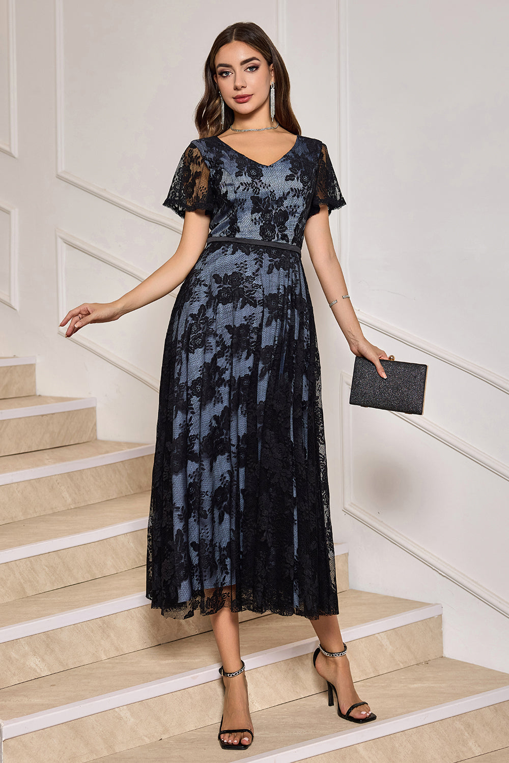 Zapakasa Women Black Cocktail Dress V-Neck Lace Short Sleeves A-Line