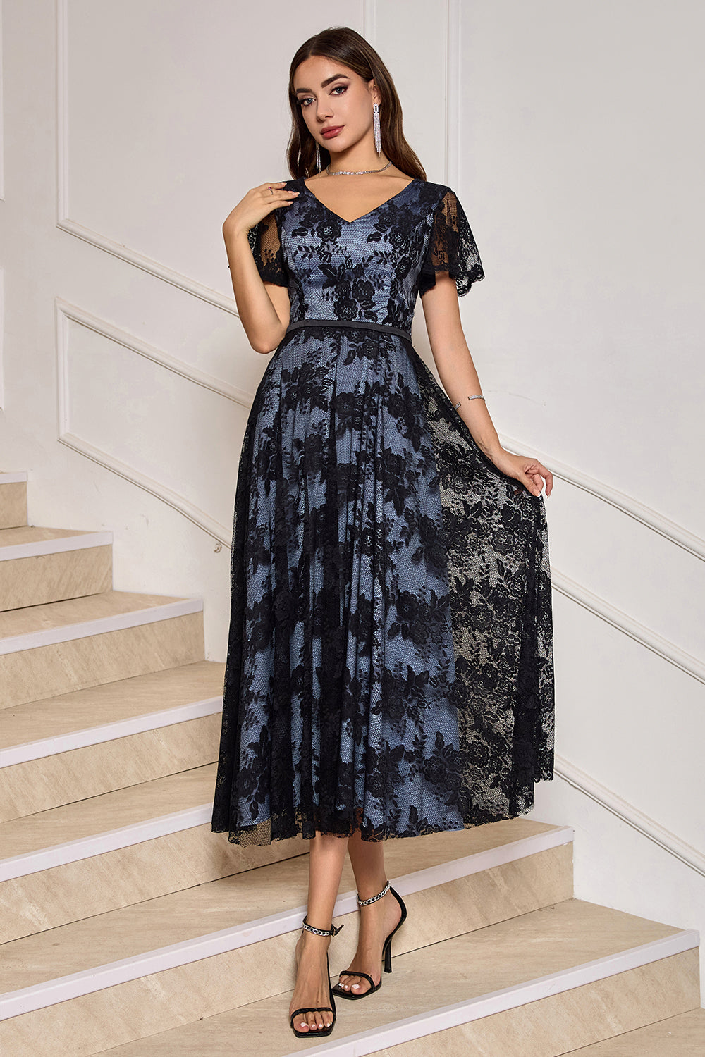 Zapakasa Women Black Cocktail Dress V-Neck Lace Short Sleeves A-Line