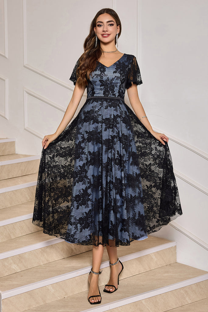 Zapakasa Women Black Cocktail Dress V-Neck Lace Short Sleeves A-Line