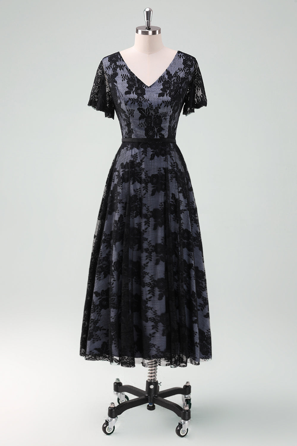 Zapakasa Women Black Cocktail Dress V-Neck Lace Short Sleeves A-Line