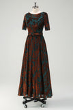 Dark Green Floral Long Prom Dress with Short Sleeves