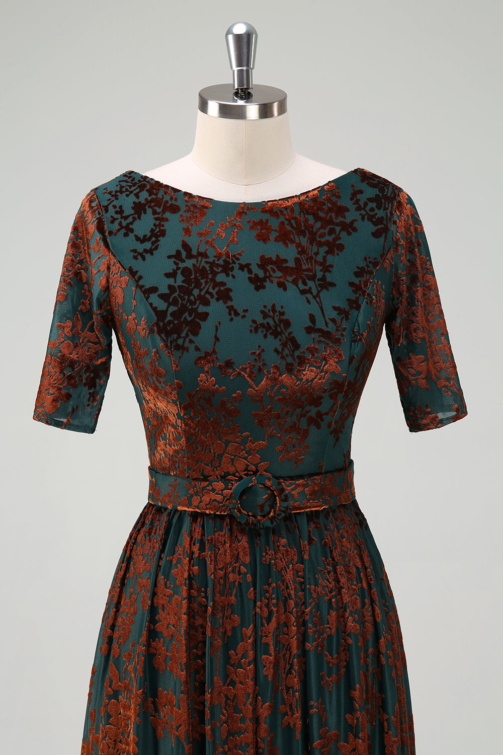 Dark Green Floral Long Prom Dress with Short Sleeves
