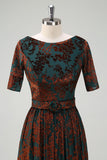 Dark Green Floral Long Prom Dress with Short Sleeves