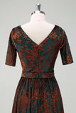 Dark Green Floral Long Prom Dress with Short Sleeves