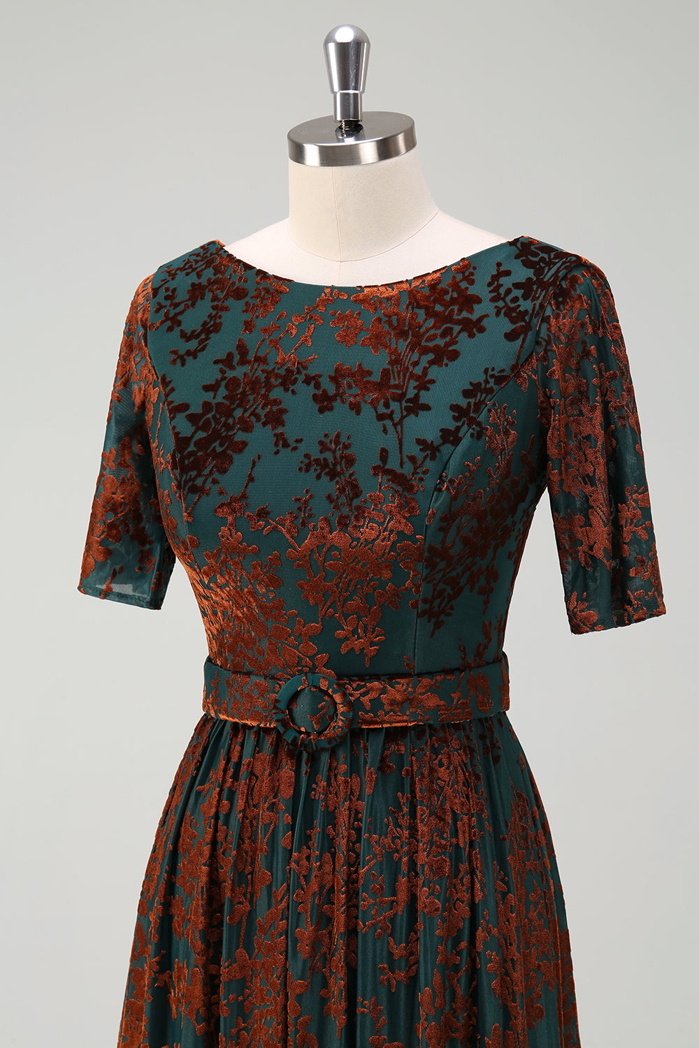 Dark Green Floral Long Prom Dress with Short Sleeves