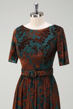 Dark Green Floral Long Prom Dress with Short Sleeves