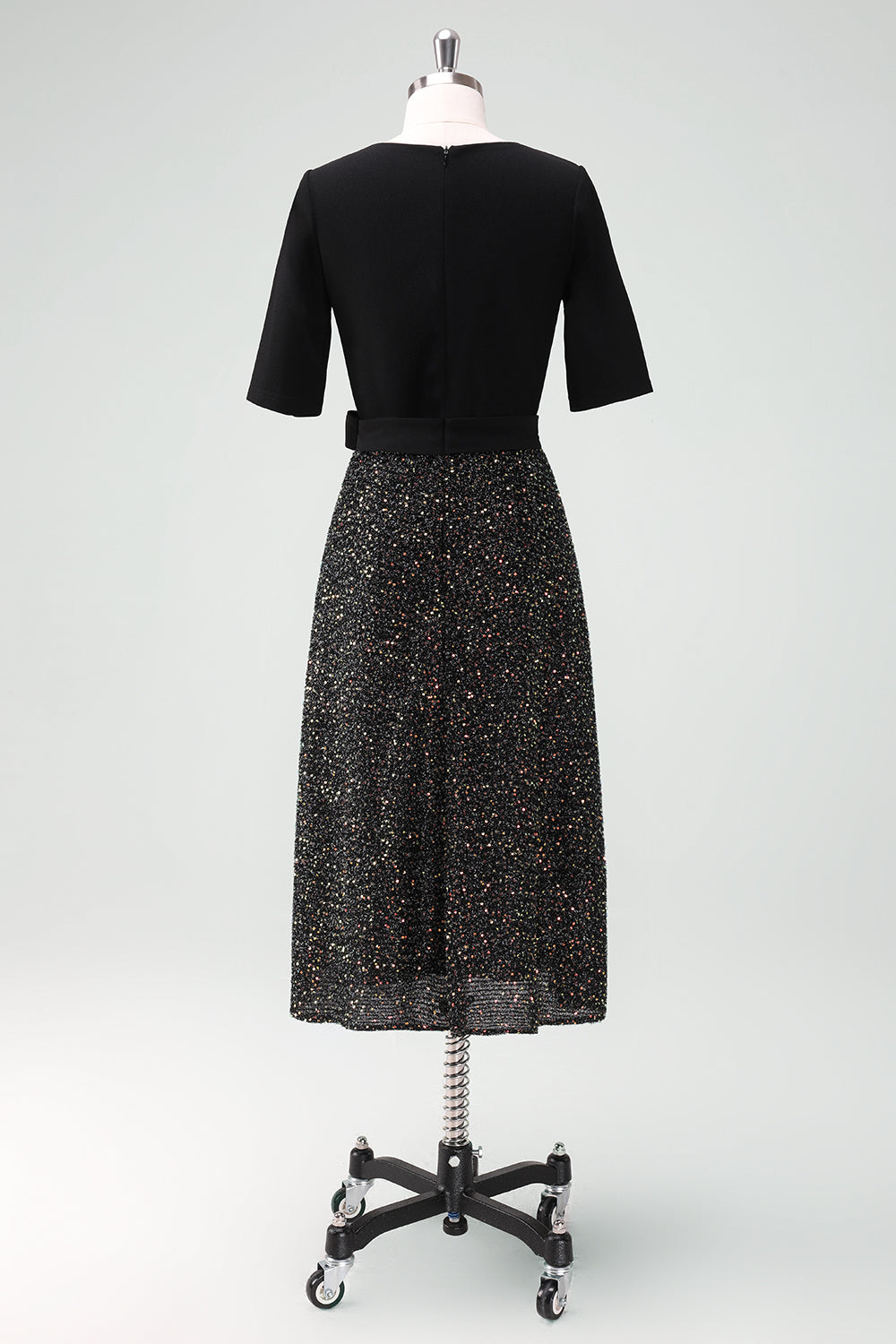 Zapaka Women Sparkly Black Cocktail Dress with Half Sleeves A-Line V