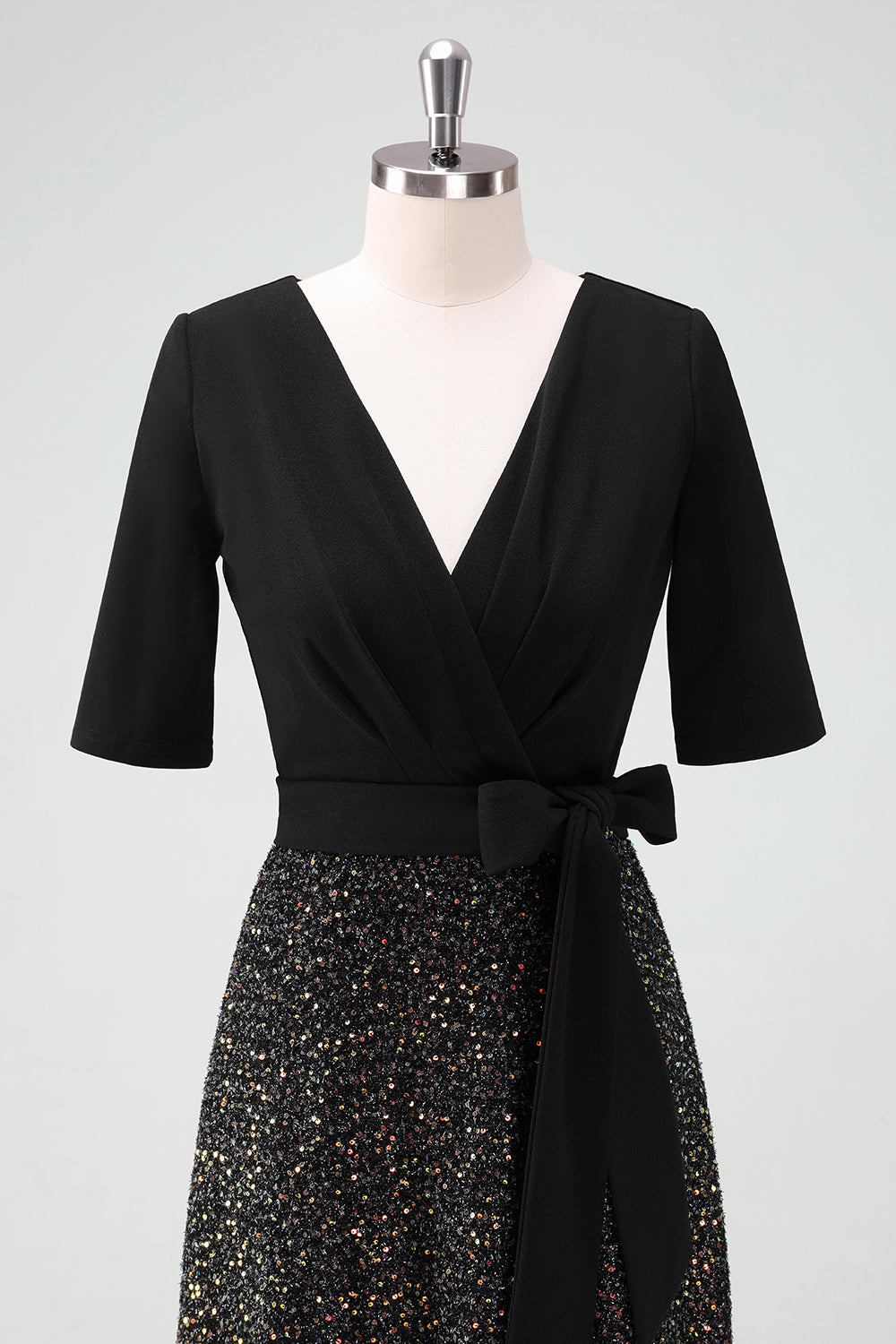 Zapaka Women Sparkly Black Cocktail Dress with Half Sleeves A-Line V