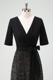 Sparkly Black A-Line Cocktail Dress with Half Sleeves