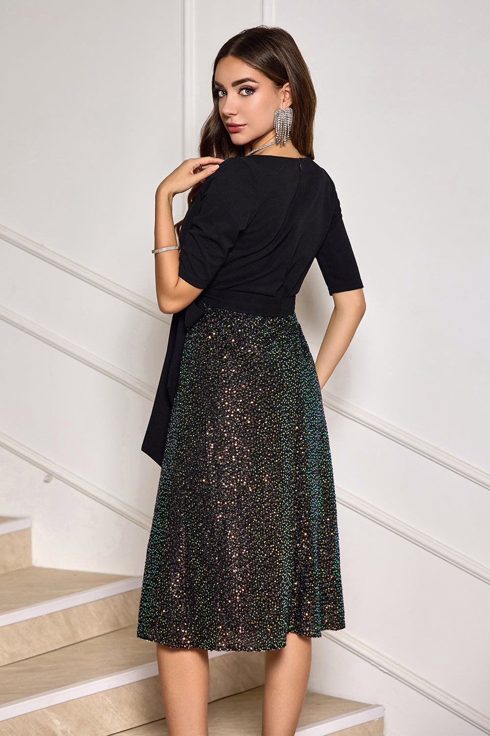 half sleeve cocktail dress Sexy Chiffon Plunging Neckline Half Sleeve Ruching Cocktail Dress With Low-V Back