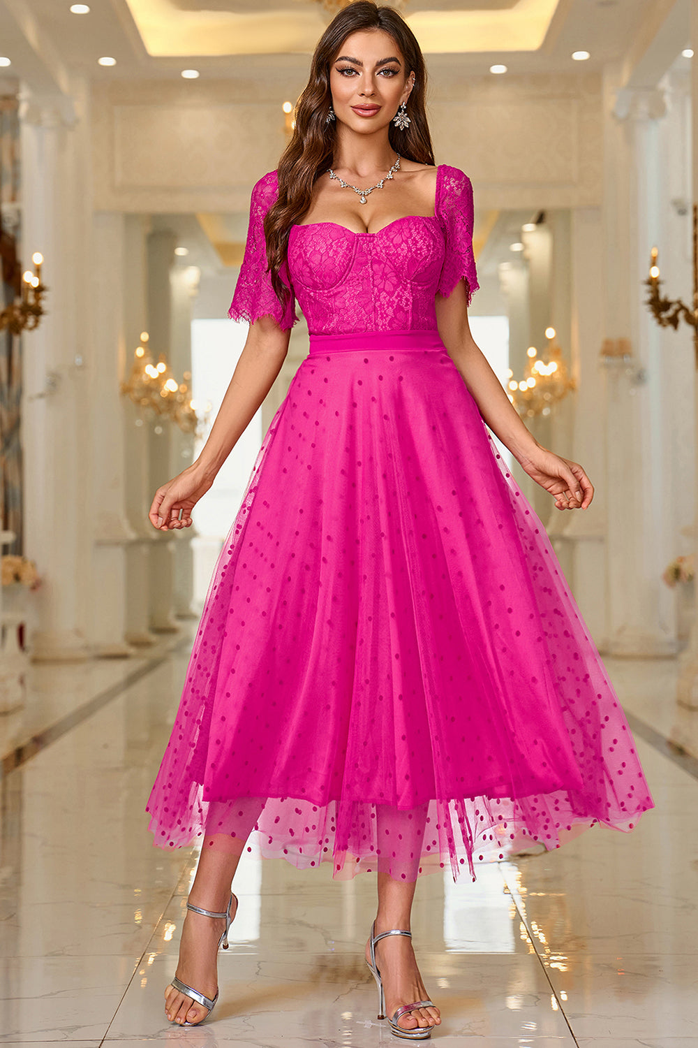 Pink A Line Maxi Formal Dress With Lace