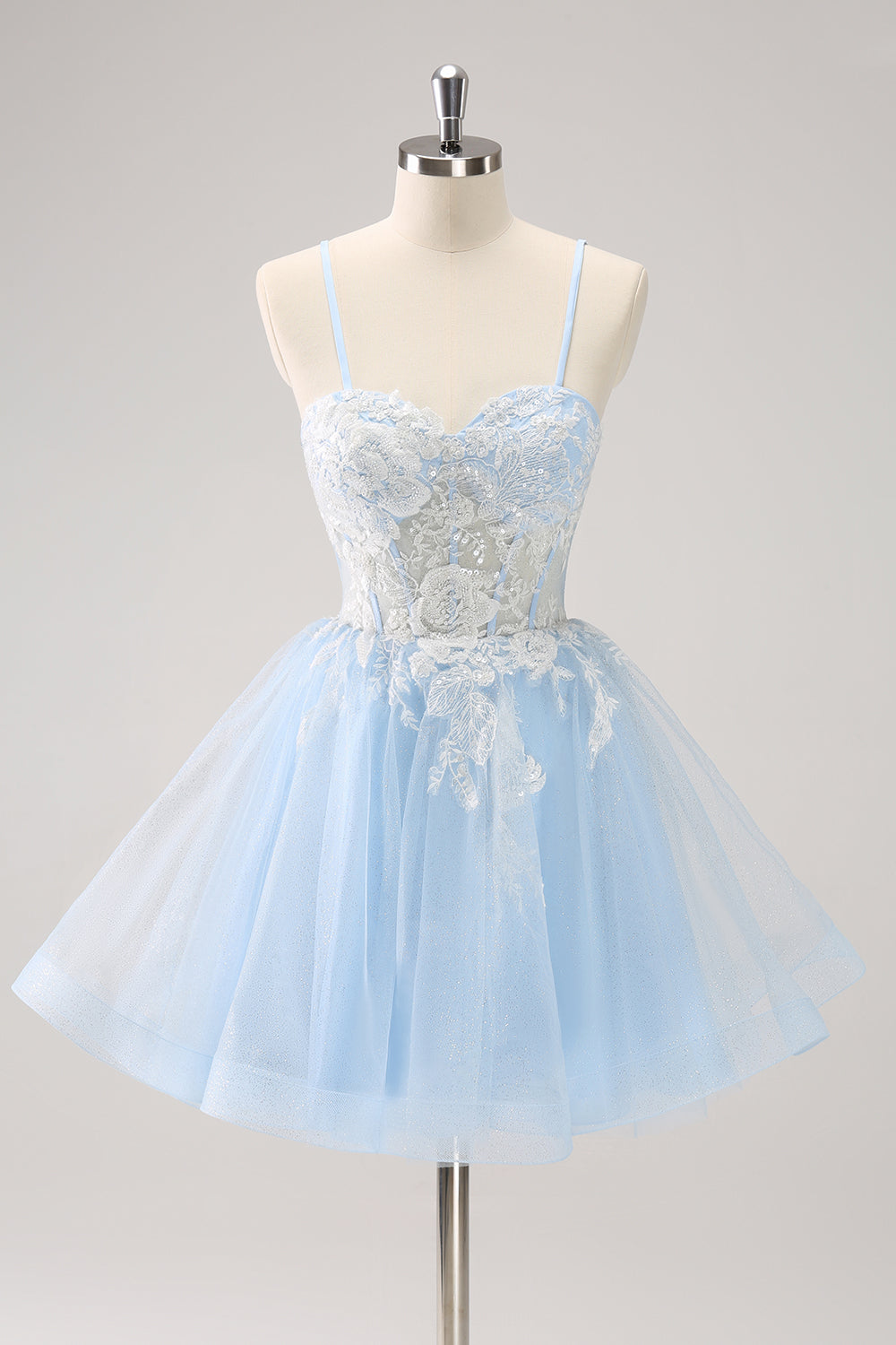Zapaka Women Blue A Line Short Homecoming Dress with Lace Spaghetti ...