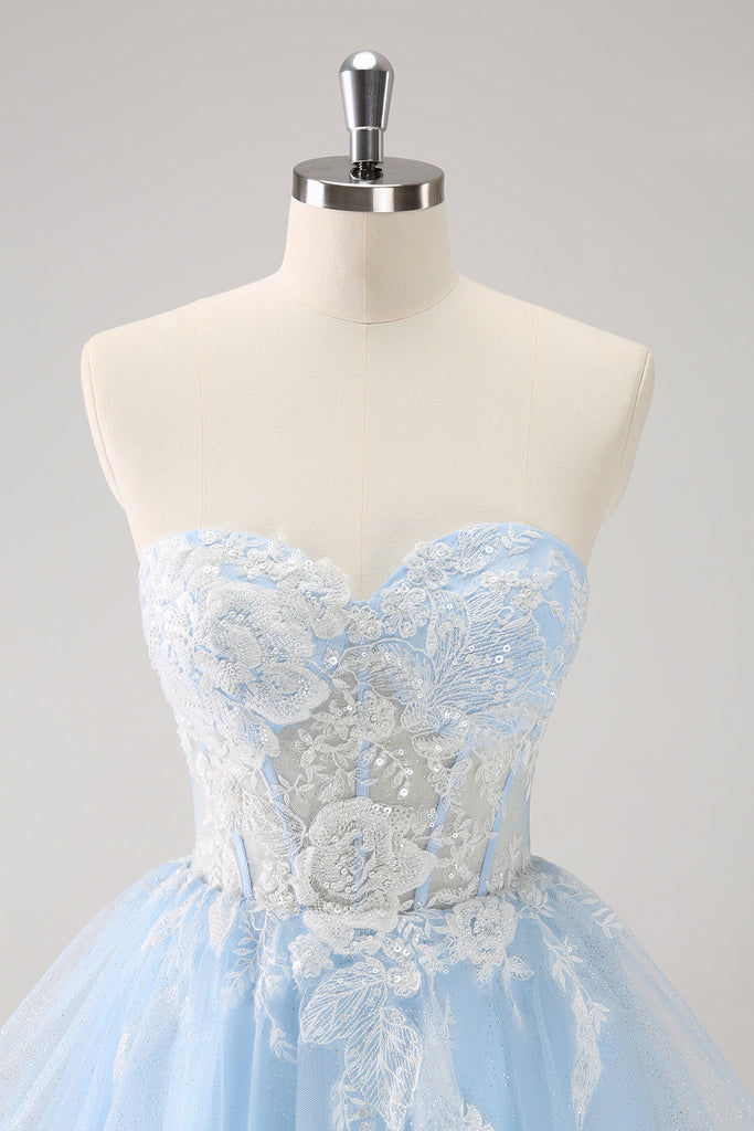 Simple A line Straps Blue Floral Short Homecoming Dress Summer Hoco Dresses Cocktail Dress DP1947 main image 0