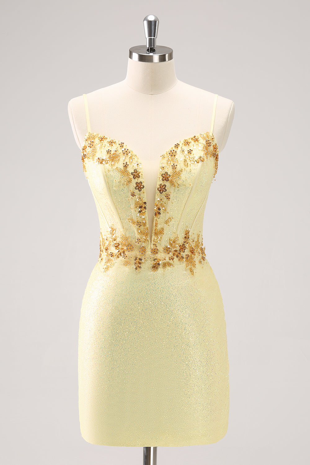 Sparkly Yellow Spaghetti Straps Corset Tight Short Homecoming Dress