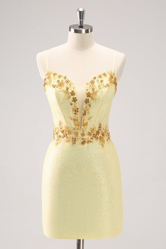 Sparkly Yellow Spaghetti Straps Corset Tight Short Homecoming Dress