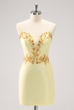 Sparkly Yellow Spaghetti Straps Corset Tight Short Homecoming Dress