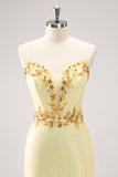 Sparkly Yellow Spaghetti Straps Corset Tight Short Homecoming Dress