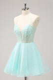 Green Spaghetti Straps Corset A Line Short Homecoming Dress With Lace