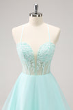 Green Spaghetti Straps Corset A Line Short Homecoming Dress With Lace