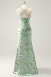 Blue White Flower Mermaid Spaghetti Straps Long Bridesmaid Dress with Slit