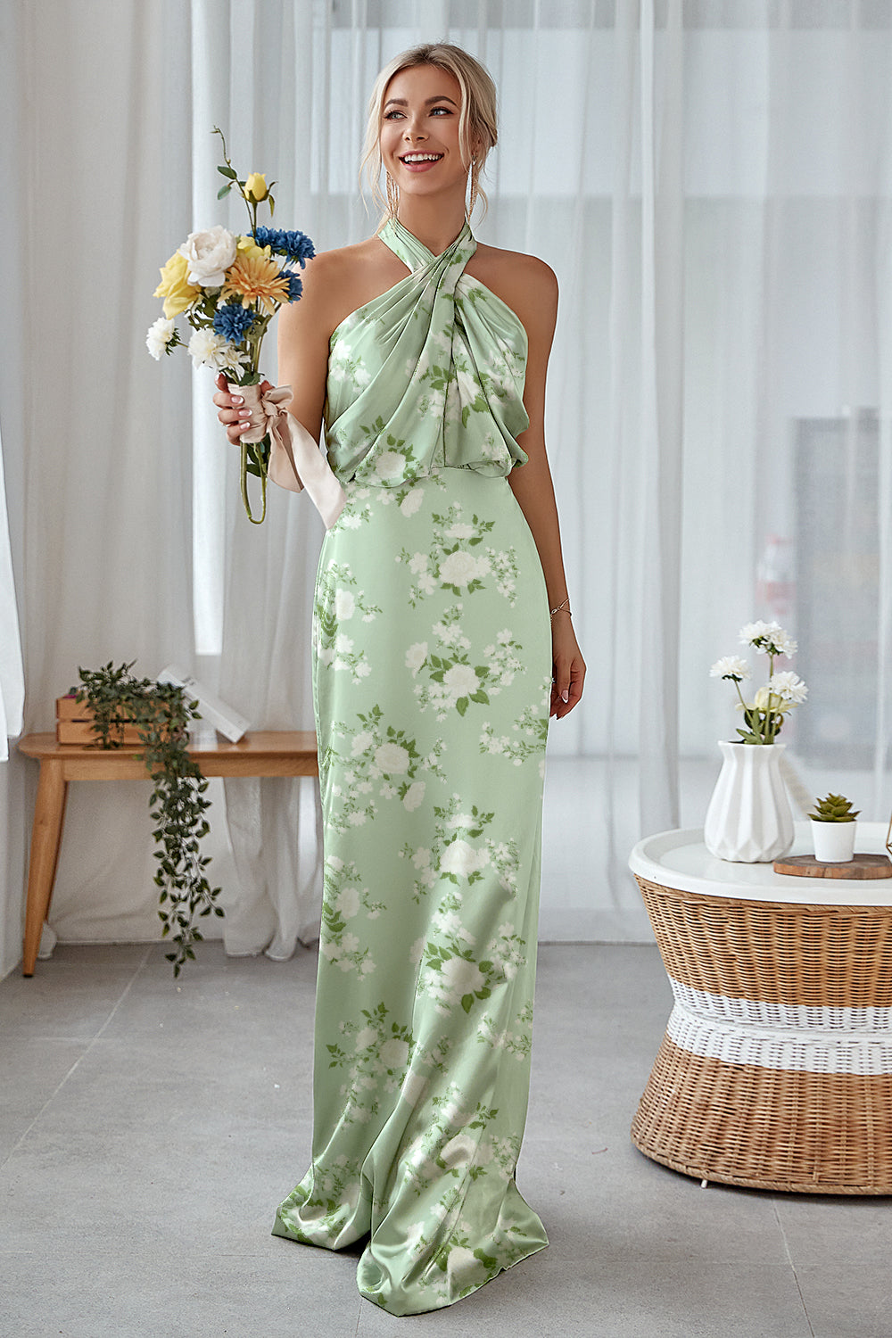 Blue White Flower Sheath Halter Long Bridesmaid Dress