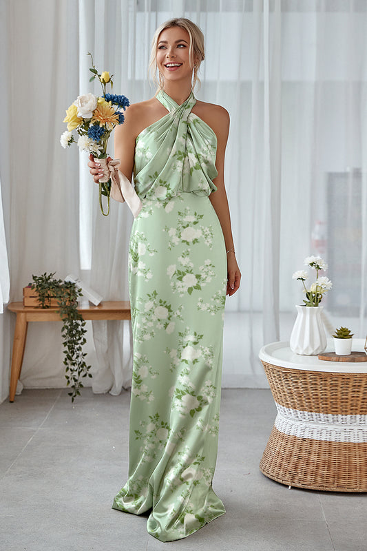 Floral Sage White Sheath Plus Size Halter Long Bridesmaid Dress