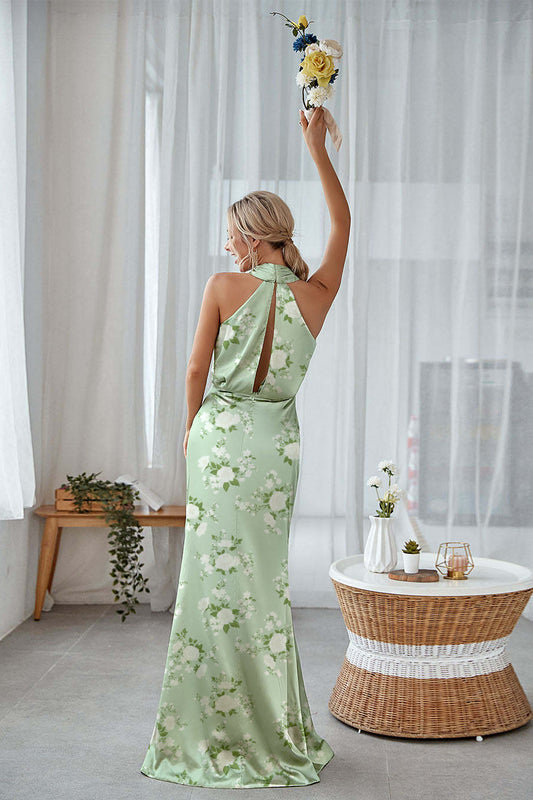 Floral Sage White Sheath Plus Size Halter Long Bridesmaid Dress