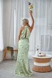 Blue White Flower Sheath Halter Long Bridesmaid Dress