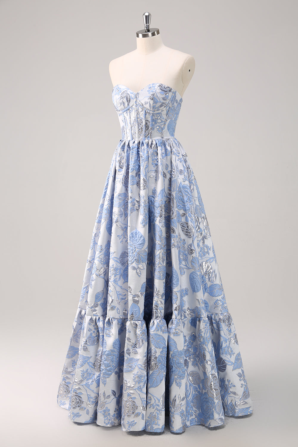Sweetheart Blue Corset Floral Long Prom Dress