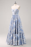 Sweetheart Blue Corset Floral Long Prom Dress