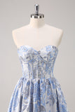 Sweetheart Blue Corset Floral Long Prom Dress