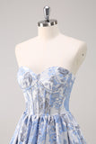 Sweetheart Blue Corset Floral Long Prom Dress