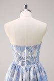 Sweetheart Blue Corset Floral Long Prom Dress
