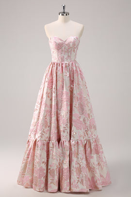 Blush Floral Sweetheart Long Prom Dress A Line Corset Ball Gown Dress