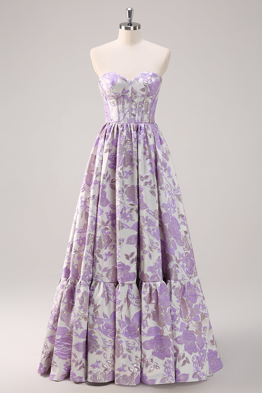 Purple Floral Sweetheart Long Prom Dress A Line Corset Ball Gown Dress