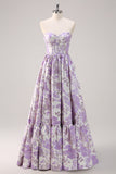Purple Floral Sweetheart Long Prom Dress A Line Corset Ball Gown Dress