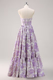 Sweetheart Blue Corset Floral Long Prom Dress
