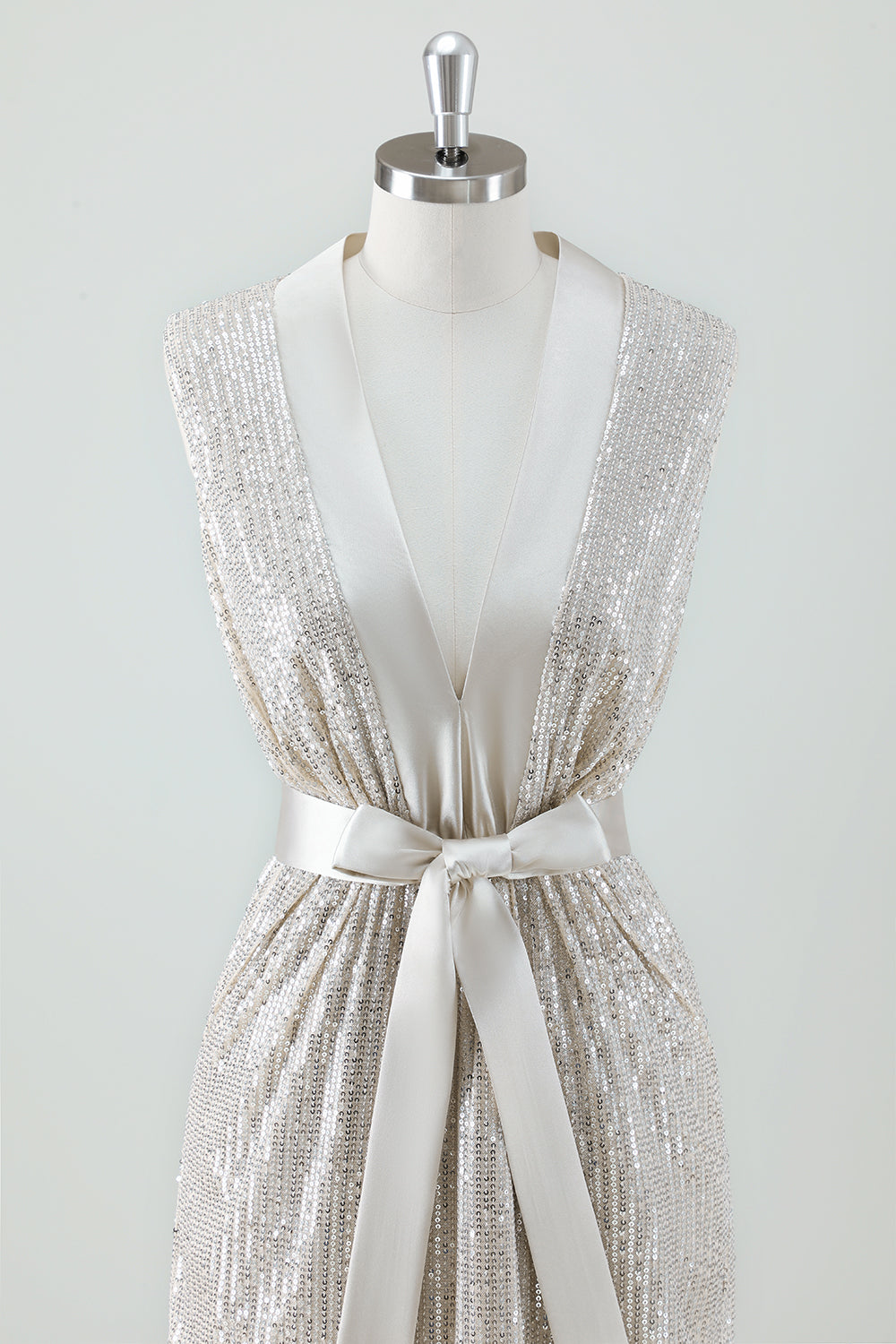Sparkly Champagne V-Neck Prom Dress with Belt