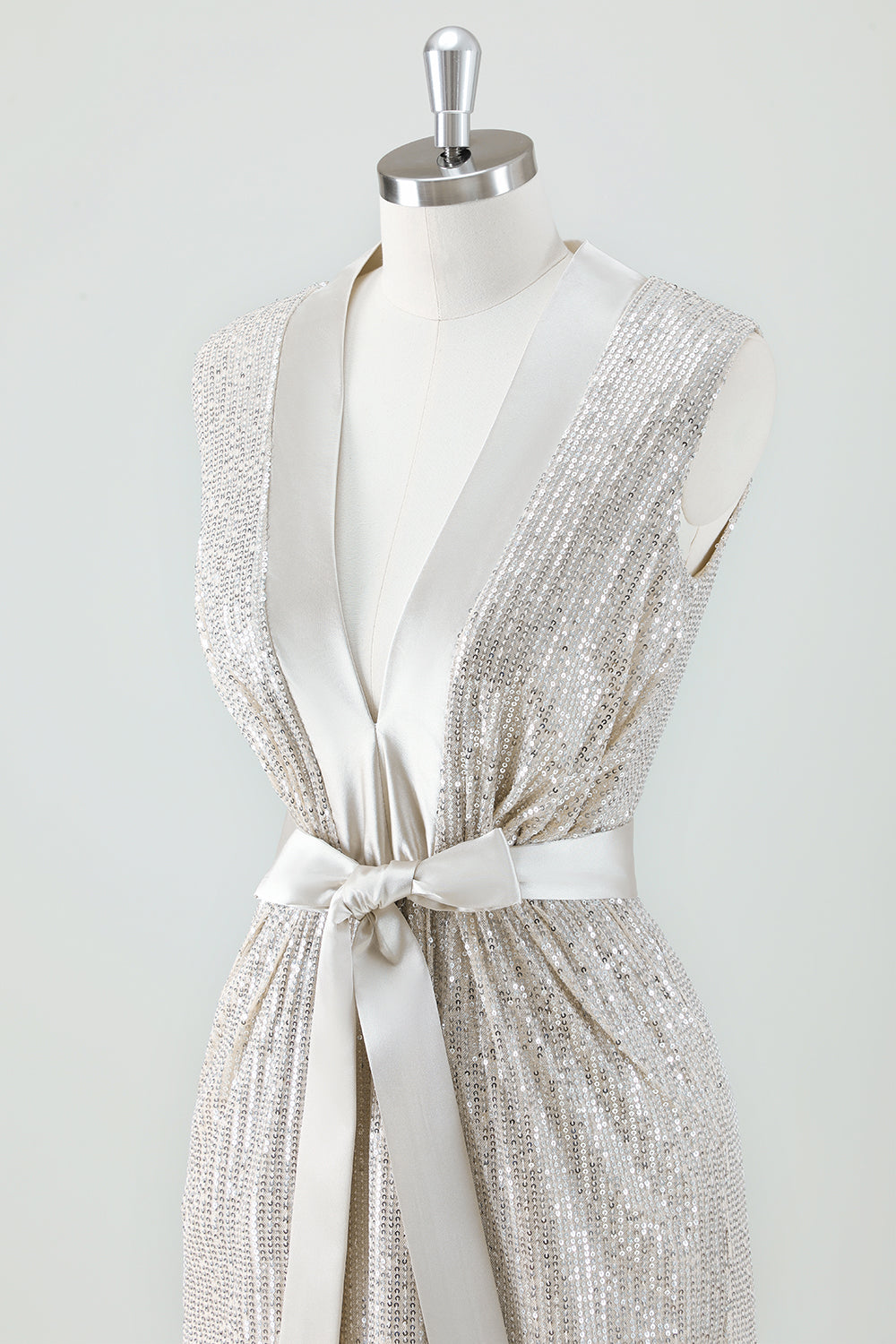 Sparkly Champagne V-Neck Prom Dress with Belt